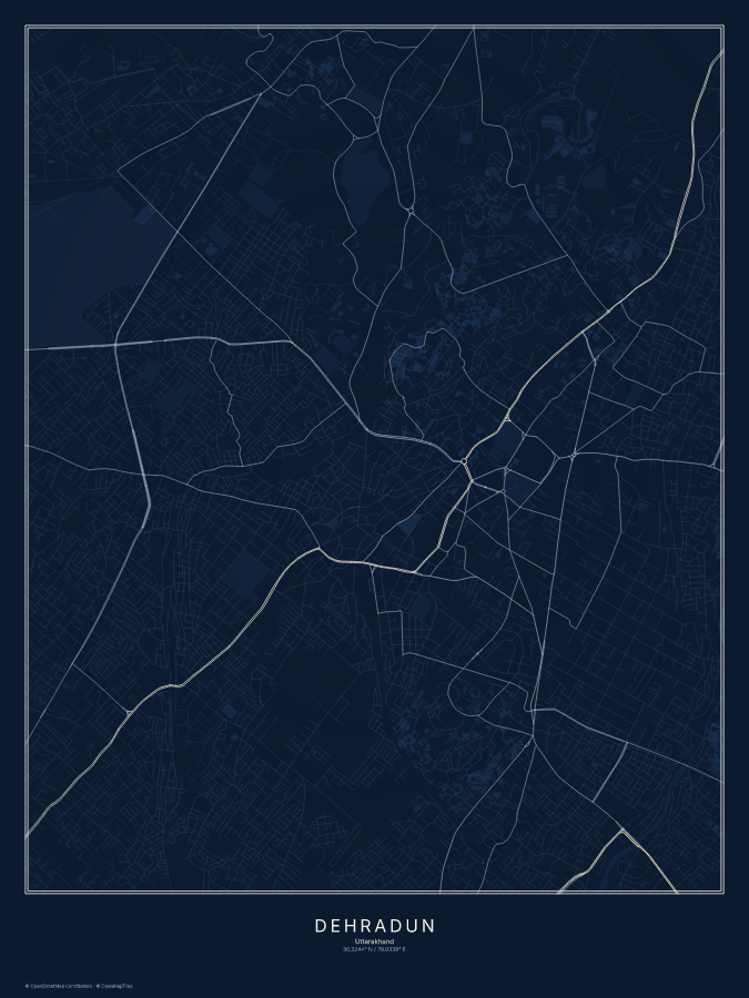 Dehradun map poster, midnight style