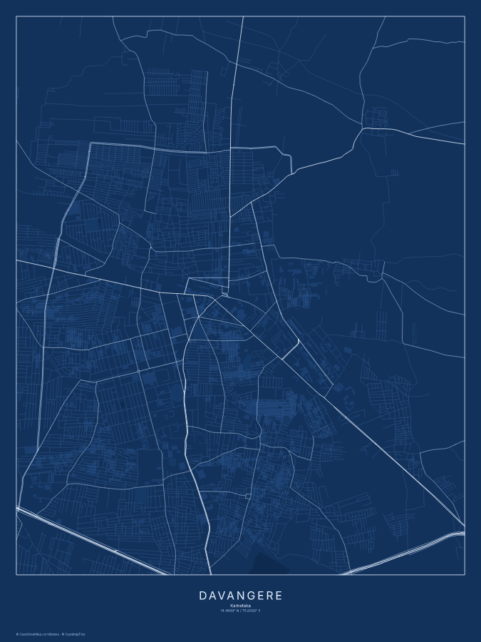Davangere map poster, blueprint style