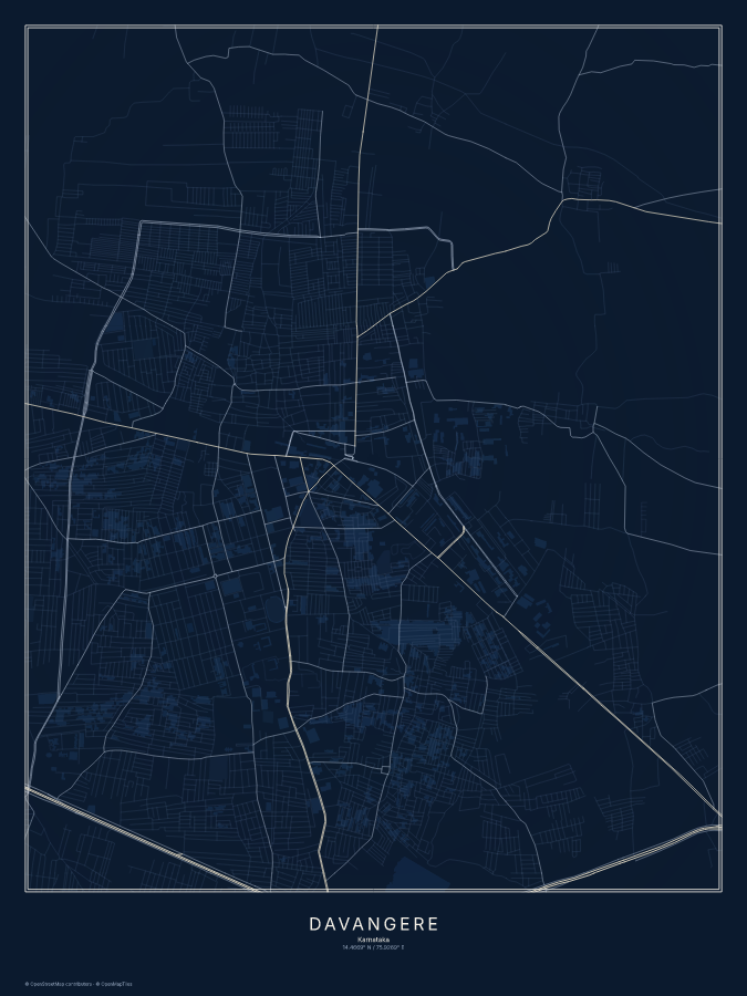 Davangere map poster, midnight style