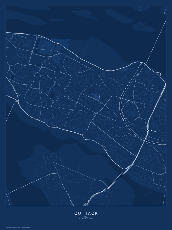 Cuttack map poster, blueprint style