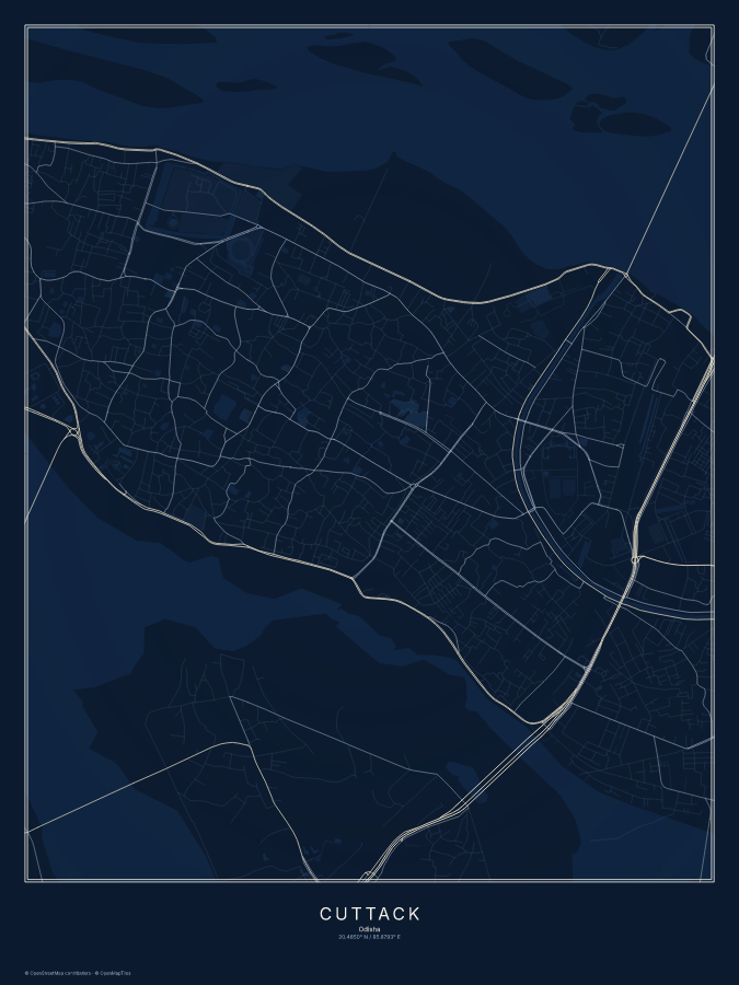 Cuttack map poster, midnight style