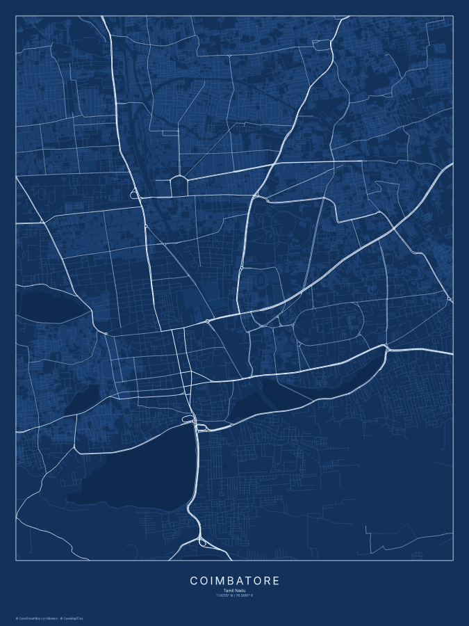 Coimbatore map poster, blueprint style