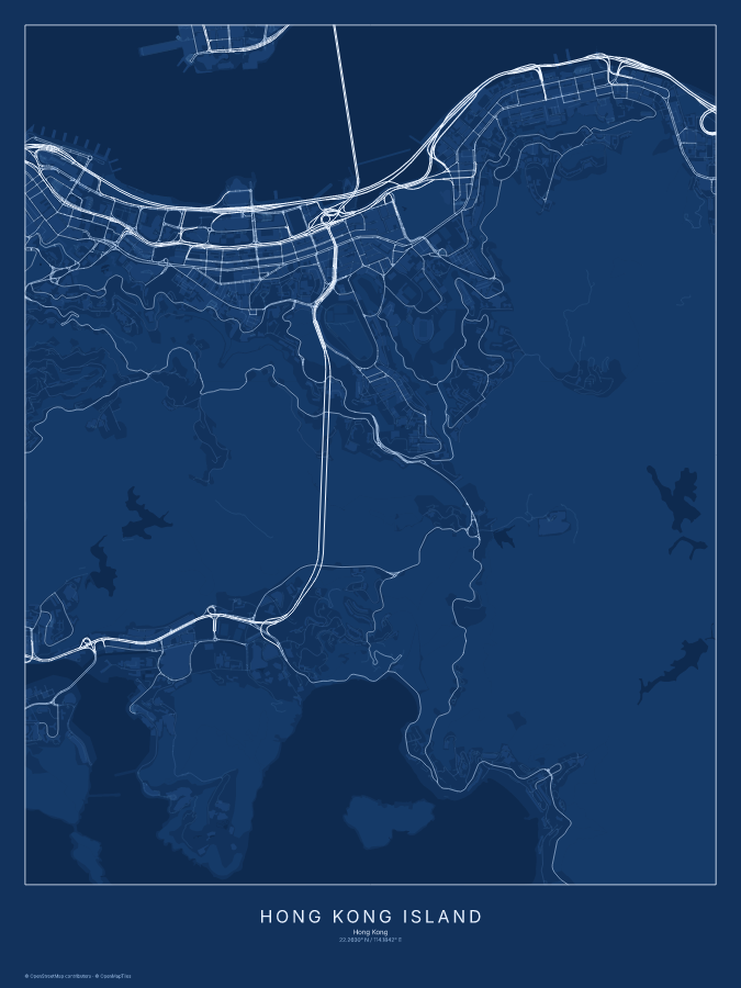 Hong Kong Island map poster, blueprint style