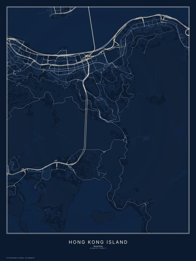 Hong Kong Island map poster, midnight style