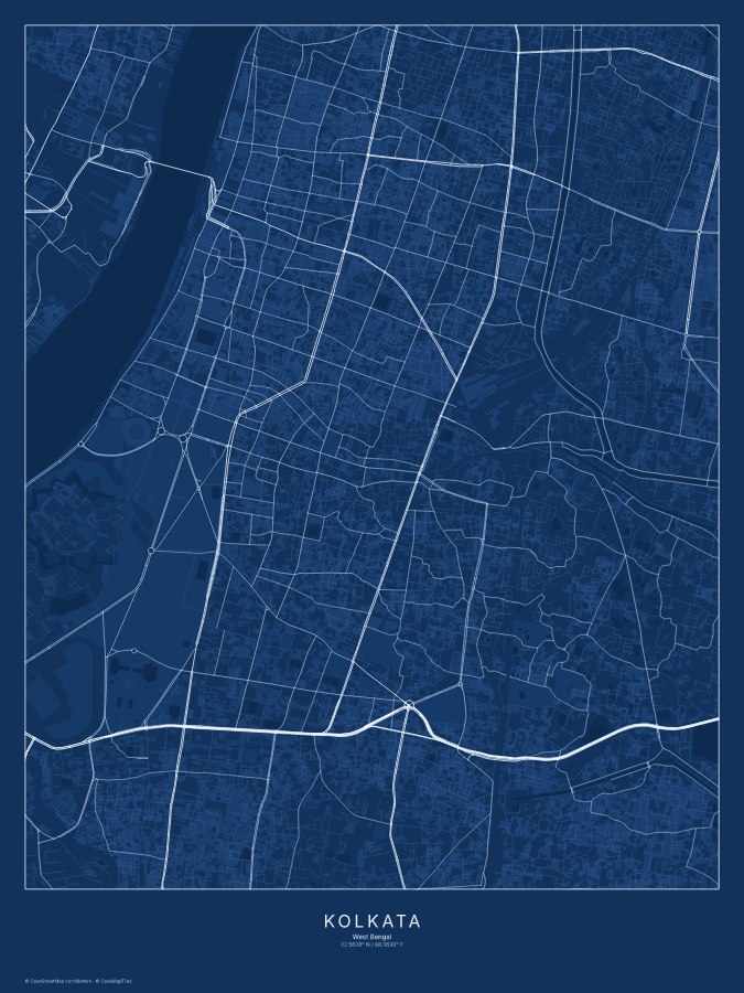 Kolkata map poster, blueprint style