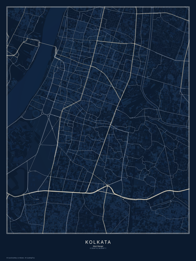 Kolkata map poster, midnight style