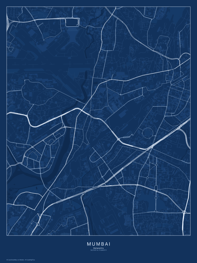 Mumbai map poster, blueprint style