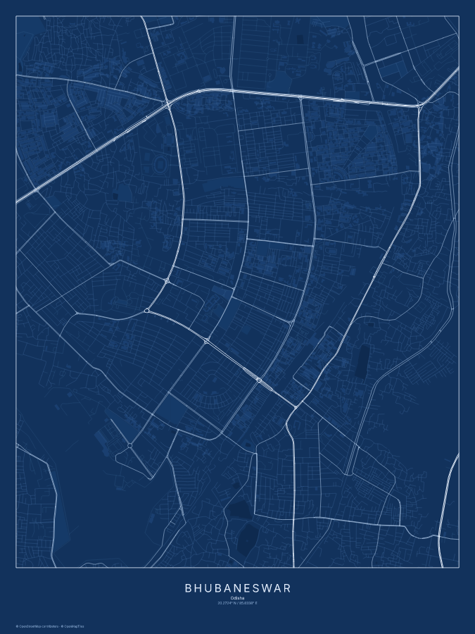 Bhubaneswar map poster, blueprint style