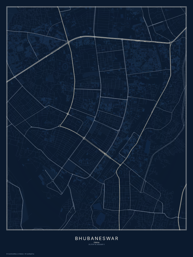 Bhubaneswar map poster, midnight style