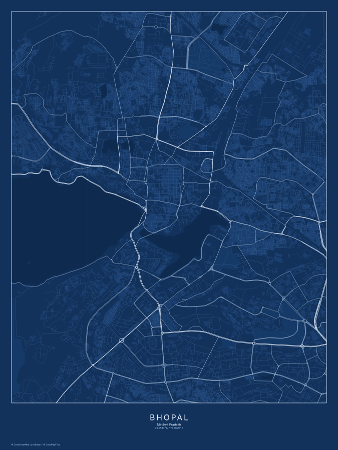 Bhopal map poster, blueprint style