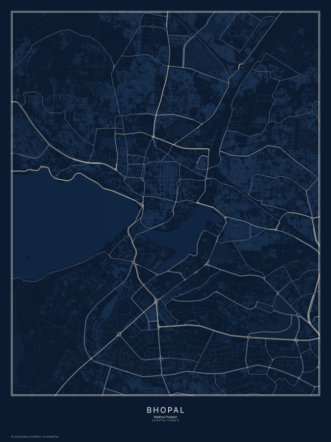 Bhopal map poster, midnight style