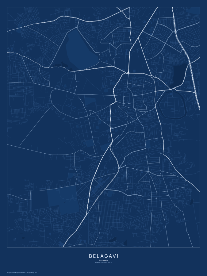 Belagavi map poster, blueprint style