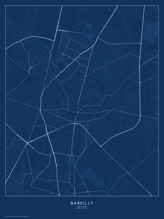 Bareilly map poster, blueprint style
