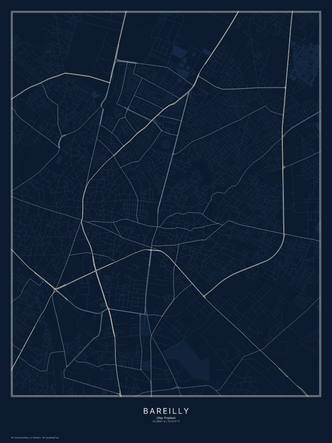 Bareilly map poster, midnight style