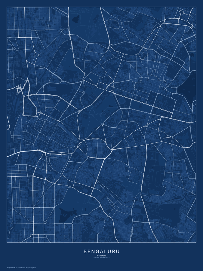 Bengaluru map poster, blueprint style