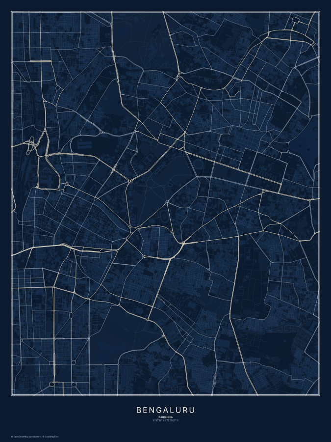 Bengaluru map poster, midnight style