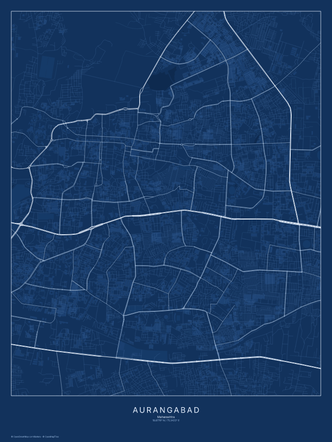Aurangabad map poster, blueprint style