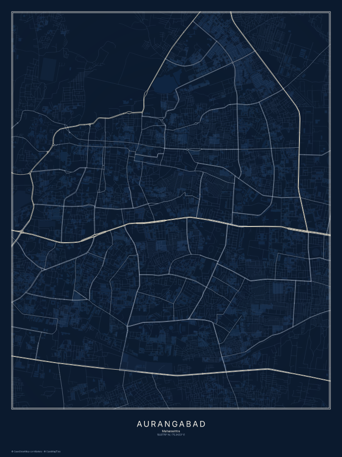 Aurangabad map poster, midnight style