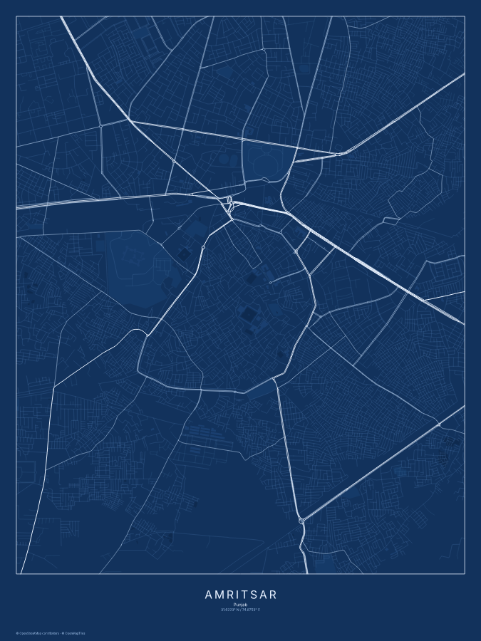 Amritsar map poster, blueprint style