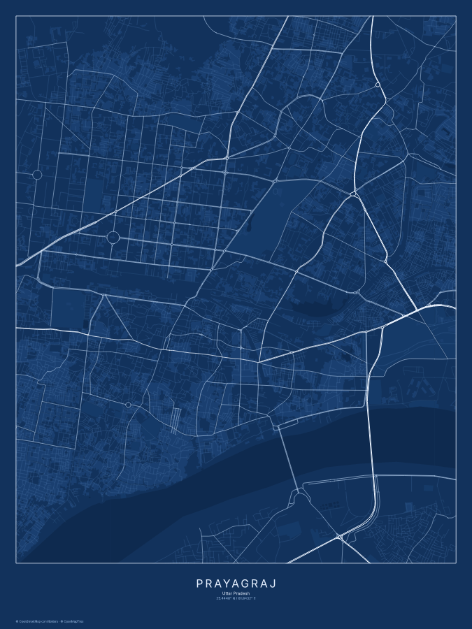 Prayagraj map poster, blueprint style