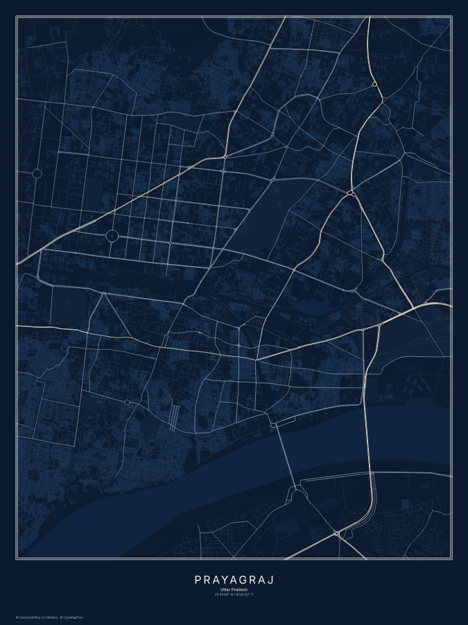 Prayagraj map poster, midnight style