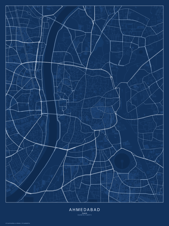 Ahmedabad map poster, blueprint style