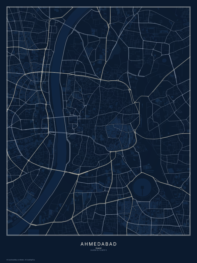 Ahmedabad map poster, midnight style