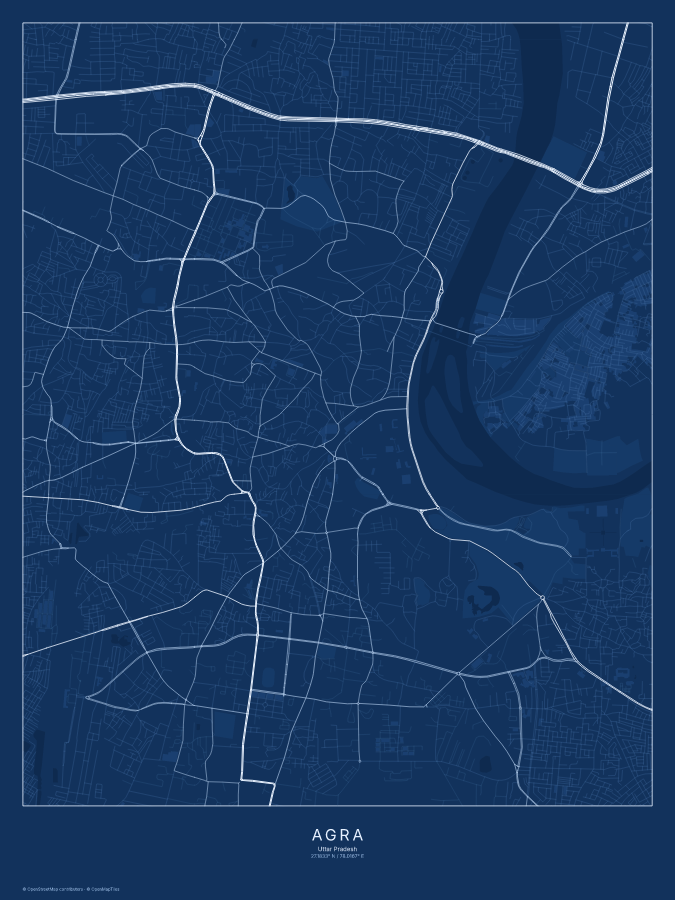 Agra map poster, blueprint style