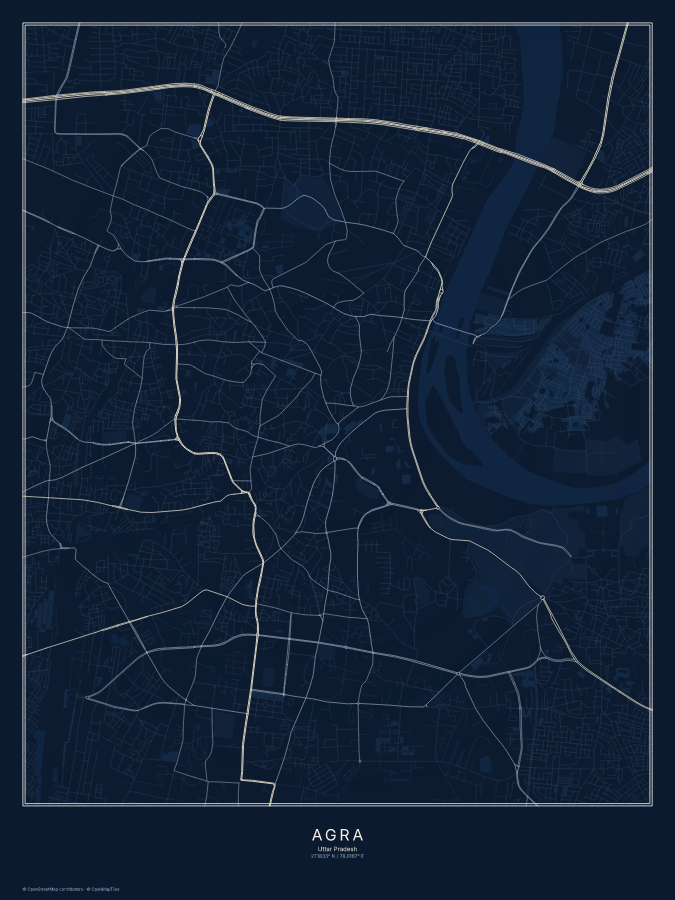 Agra map poster, midnight style