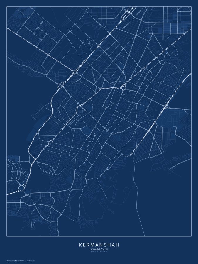 Kermanshah map poster, blueprint style