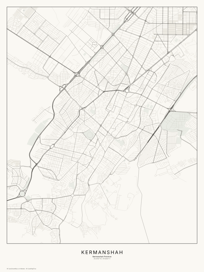 Kermanshah map poster, classic style