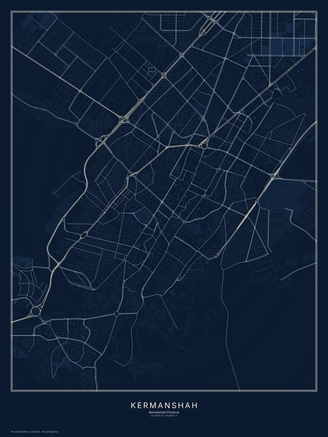 Kermanshah map poster, midnight style
