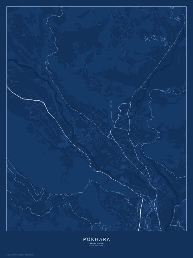 Pokhara map poster, blueprint style