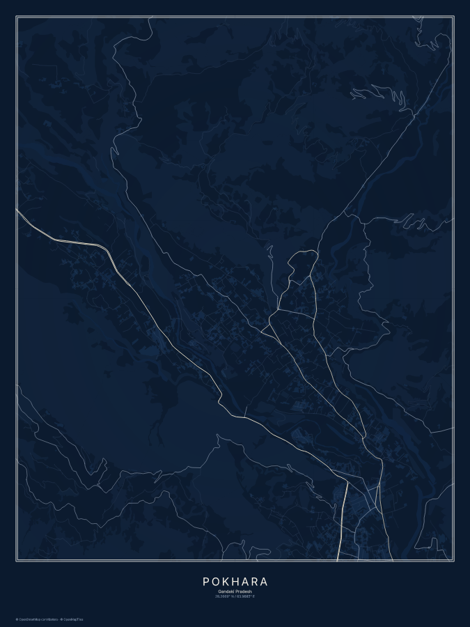 Pokhara map poster, midnight style