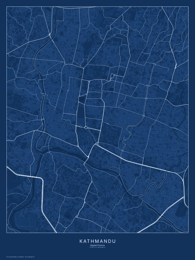 Kathmandu map poster, blueprint style