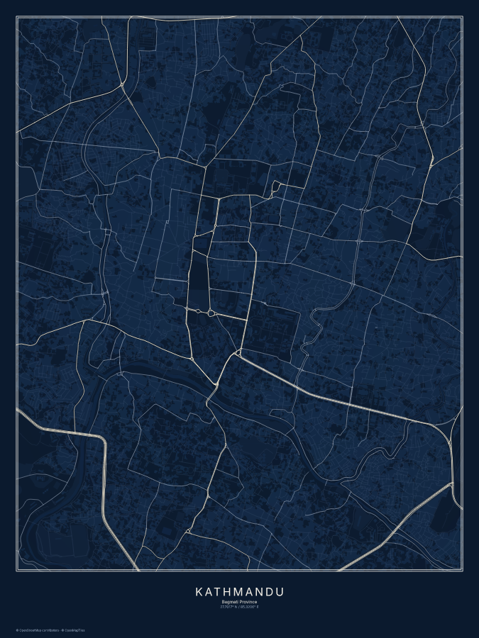 Kathmandu map poster, midnight style