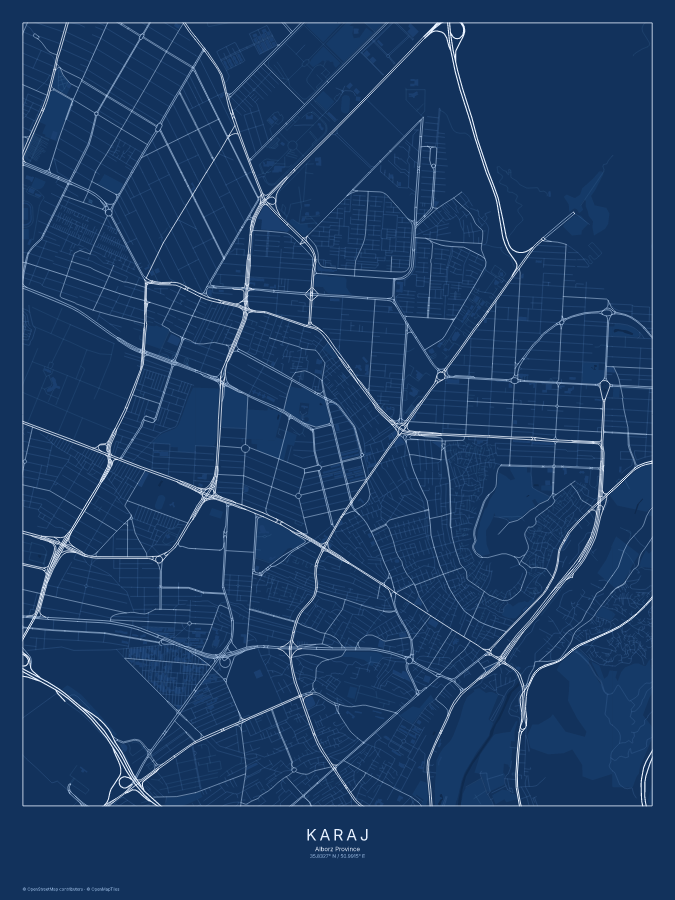 Karaj map poster, blueprint style