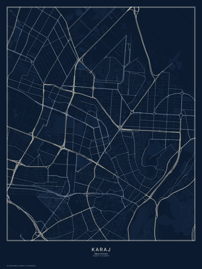 Karaj map poster, midnight style