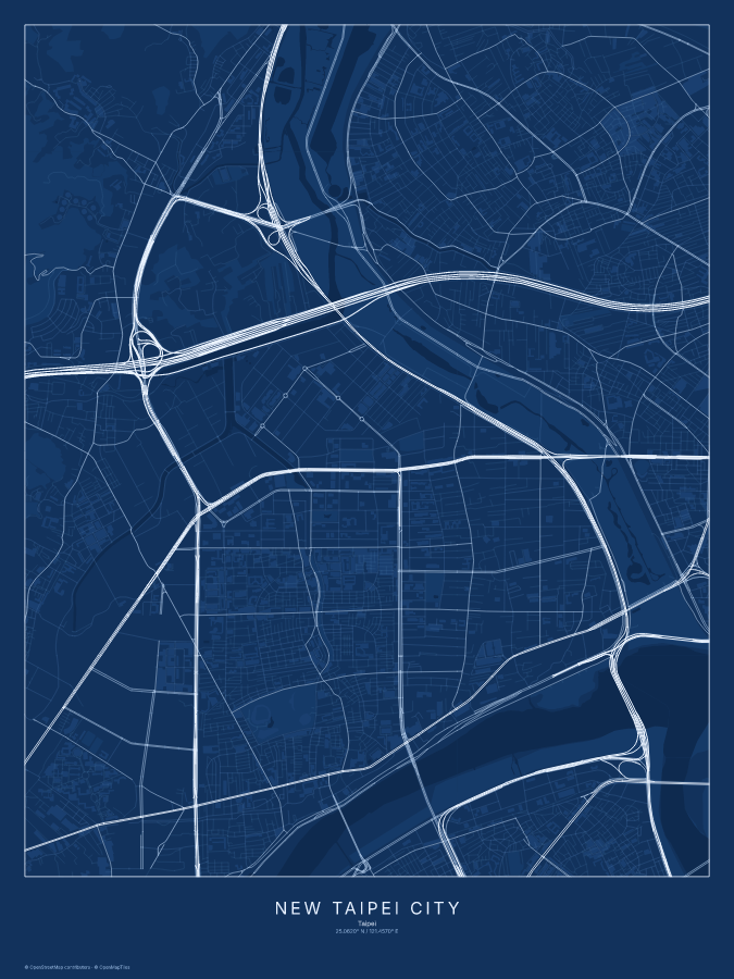 New Taipei City map poster, blueprint style