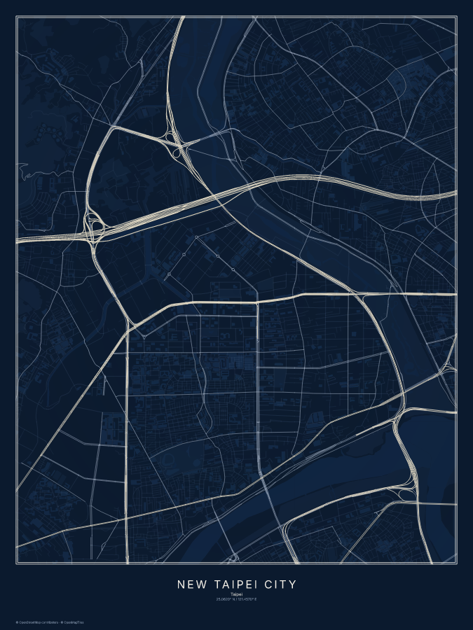 New Taipei City map poster, midnight style