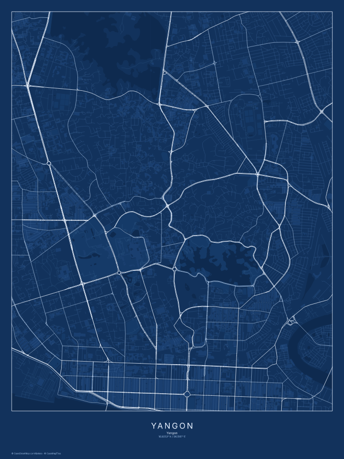 Yangon map poster, blueprint style
