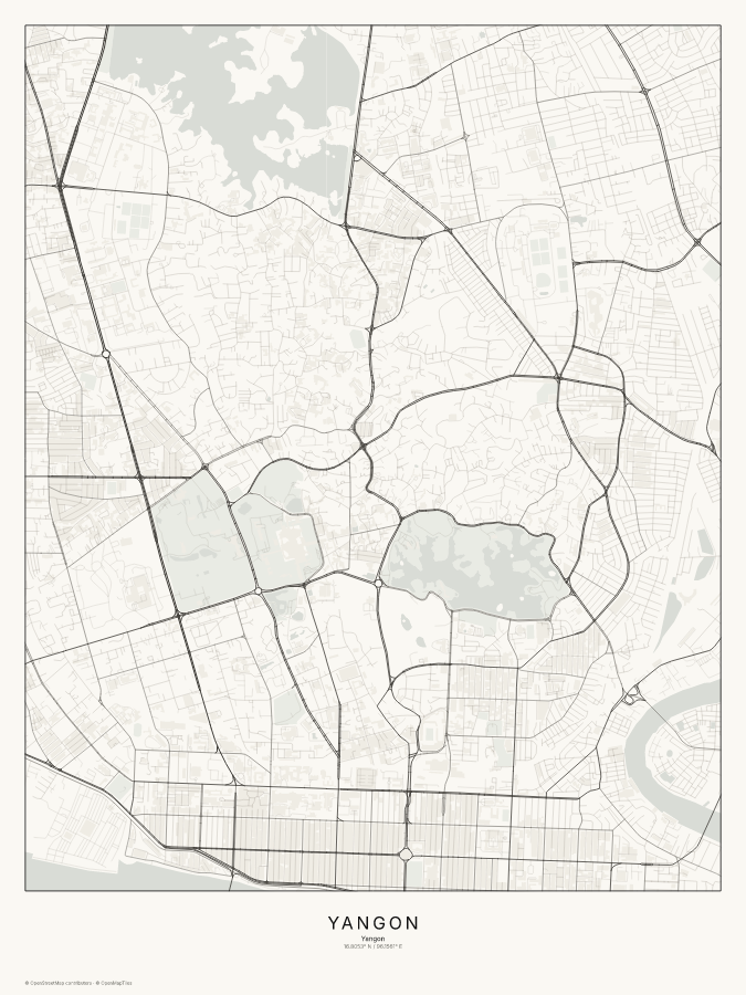 Yangon map poster, classic style