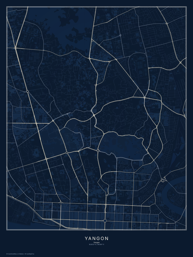 Yangon map poster, midnight style
