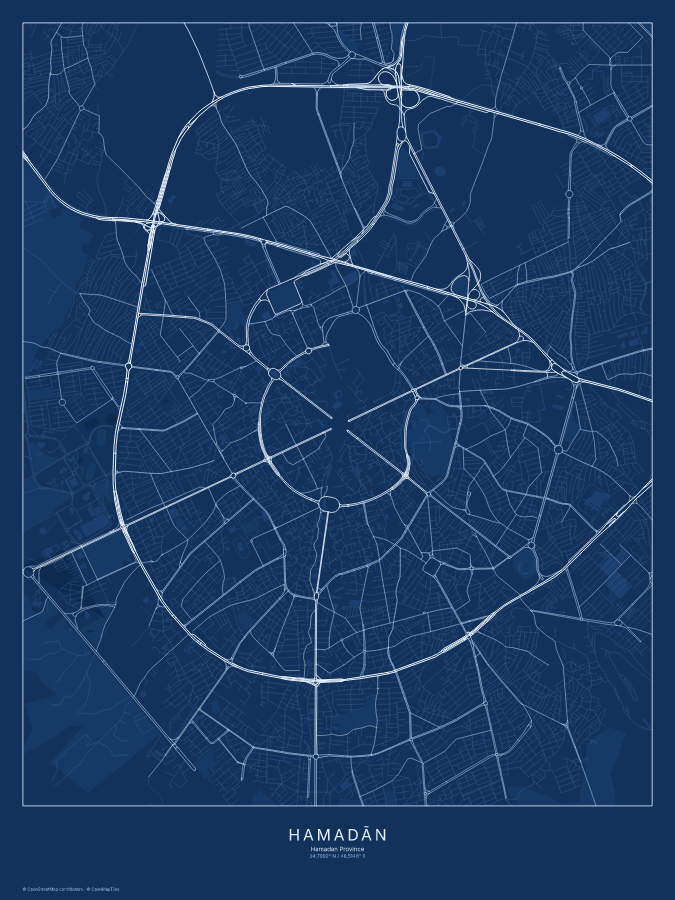 Hamadān map poster, blueprint style