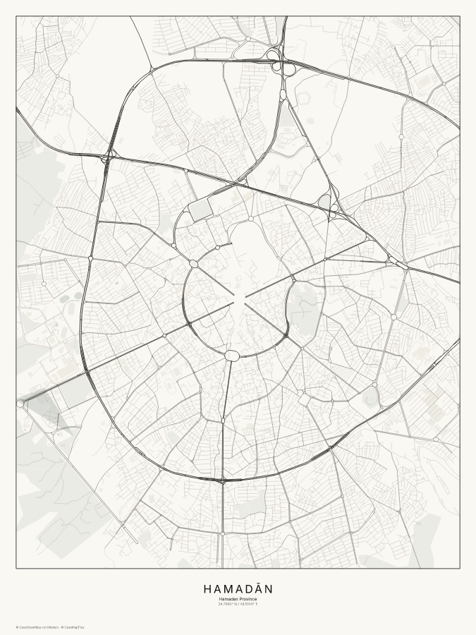 Hamadān map poster, classic style