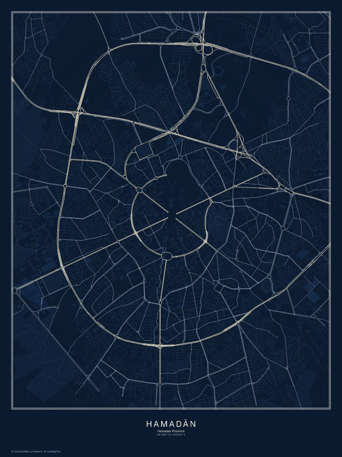 Hamadān map poster, midnight style