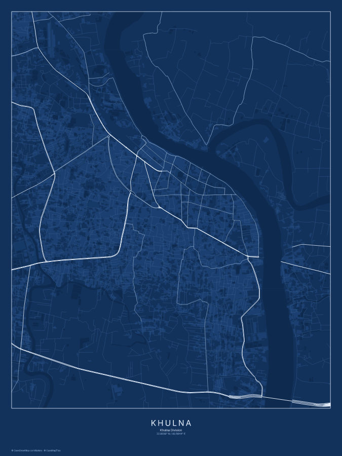 Khulna map poster, blueprint style