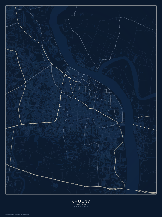 Khulna map poster, midnight style