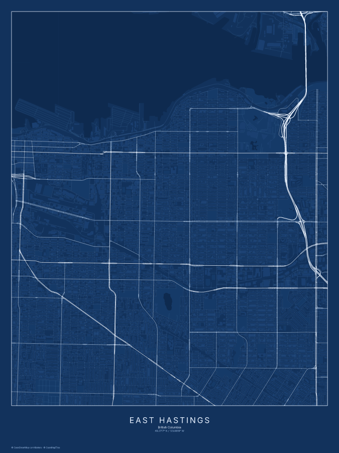 East Hastings map poster, blueprint style