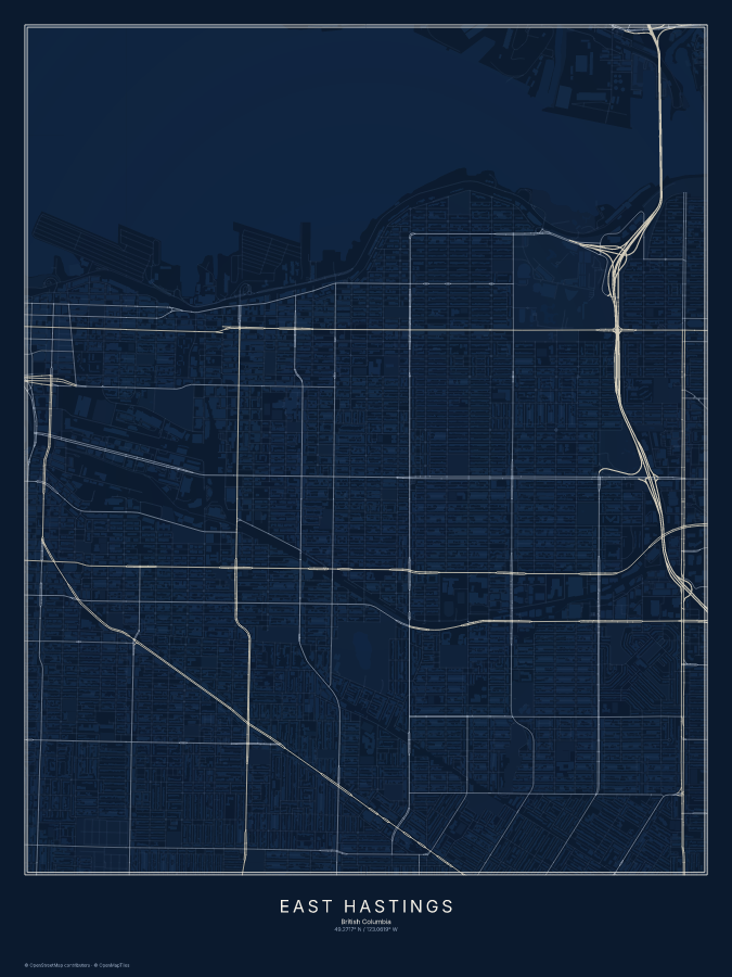 East Hastings map poster, midnight style